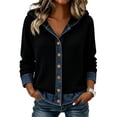thumbnail image 2 of HBYJLZYG Women's Cardigan with Denim Patchwork Trim, Button Down Hooded Long Sleeve Relaxed Fit Ribbed Knit Casual Fall Outerwear Tops for Women Everyday Wear, 2 of 7