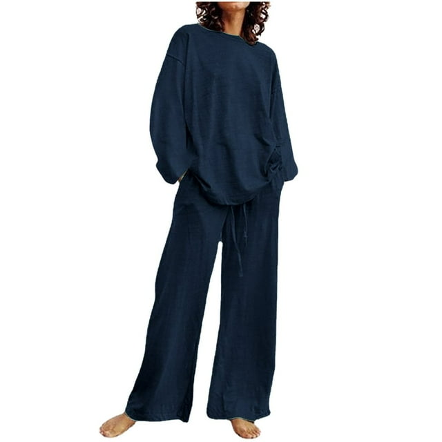 CHOK Ensembles en Coton et Lin pour Femmes 2 Pcs Ensemble de Détente à Manches Longues Pantalon Léger Tenues de Printemps Été