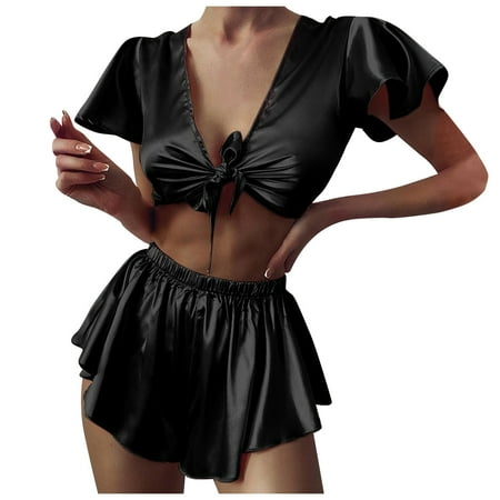 

QENGING Womens Pajama Sets Clearance Sexy-Lingerie Sleepwear Satin Silk Babydoll Lace Up Nightwear Pajamas Set