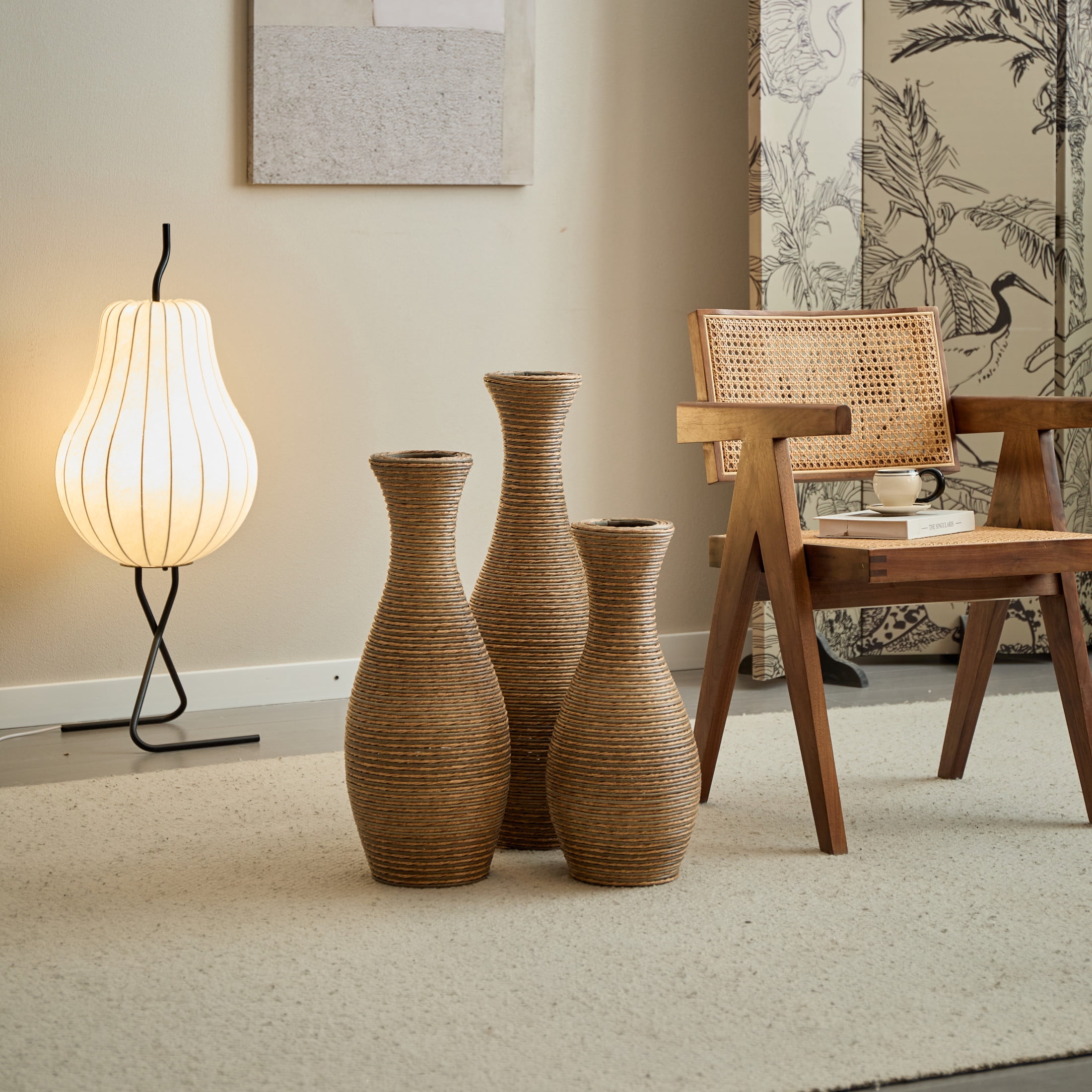 Noble House 3-Piece Rattan-Look PVC Floor Vase Set, Decorative Vases for Home Decor, Beige