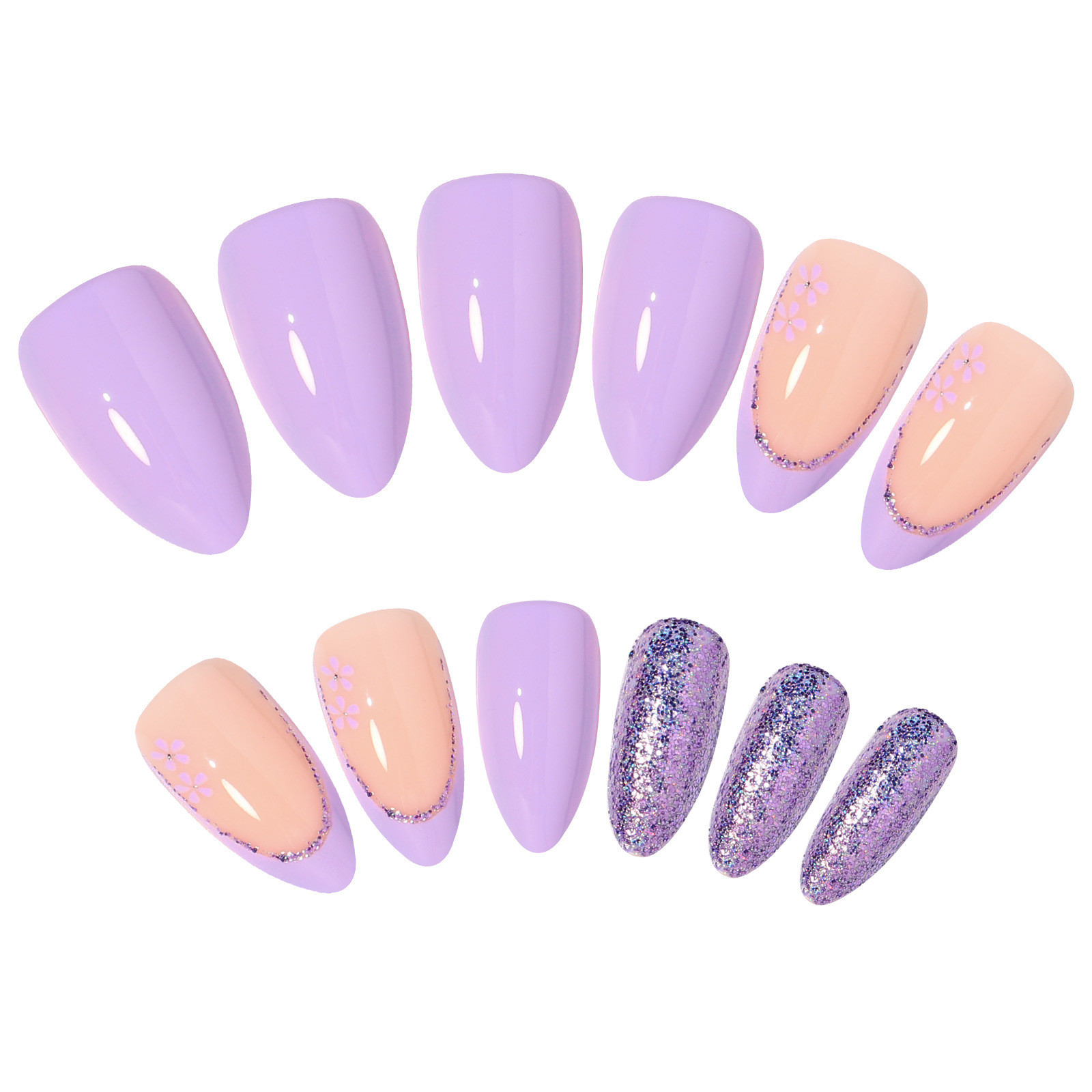 Cheepum Gel X Nails Medium Nail Patch Light Purple Simple Glitter French Style Removable 8874