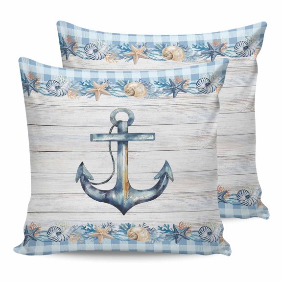 Pillow Covers 20x20 Set of 2, Blue Anchor Coastal Square Throw Pillow Covers for Couch/Sofa/Living Room, Summer Nautical Beach Coral Shell Decorative Soft Pillowcases for Couch Throw Pillows