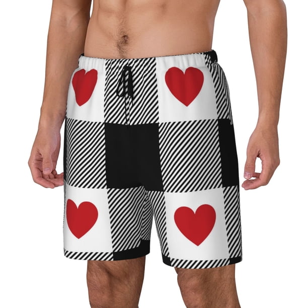 Balery Heart Black Buffalo Plaid Gingham Bañador para hombre, shorts de playa de secado rápido con entrepierna y forro de compresión-XX-Large