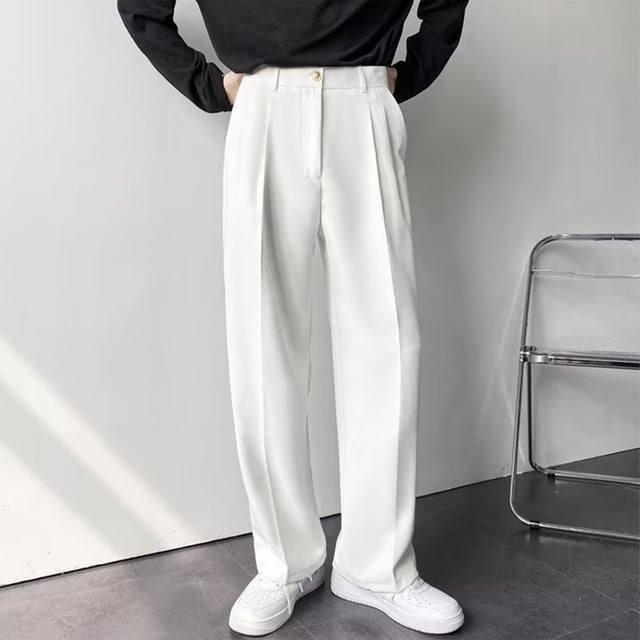 Puntoco Pantalones de traje casuales de pierna recta y ancha con botones y cremallera de color sólido para hombre