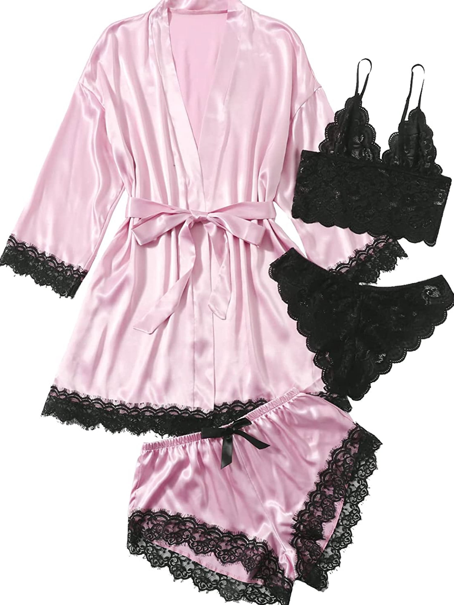 popiv Women's 4 Pieces Satin Floral Lace Cami Top Lingerie Pajama Set ...
