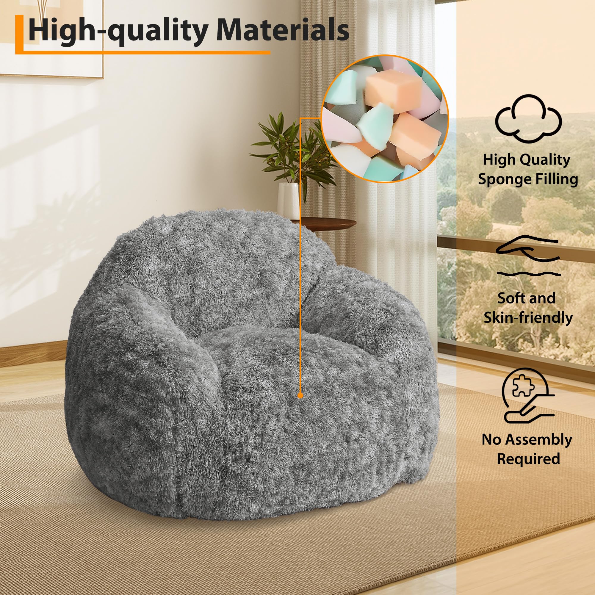 BouPower Bean Bag Chair for Adults, Plush Fluffy Faux Fur Sofa, Premium High-Density Sponge Filler Ergonomic Backrest & Armrests, Removable Washable Cover Comfy Lazy Chair for Bedroom Living Room