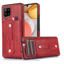 Designed for Samsung Galaxy A42 5G Wallet Case with Adjustable Wrist Strap Kickstand PU Leather Credit Card Holder Heavy Duty Shockproof Hybrid Rugged Protective Cover for Women Men 6.6",Red