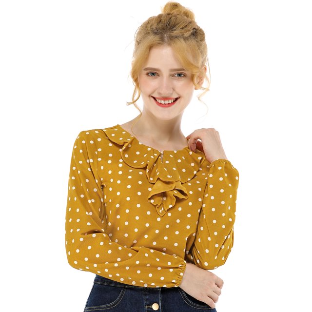 Unique Bargains Women's Ruffle Neck Long Sleeve Polka Dots Blouse Shirt