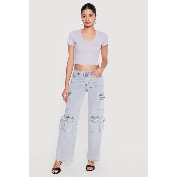 Women's Acid Wash Straight Leg Cargo Pocket Jeans