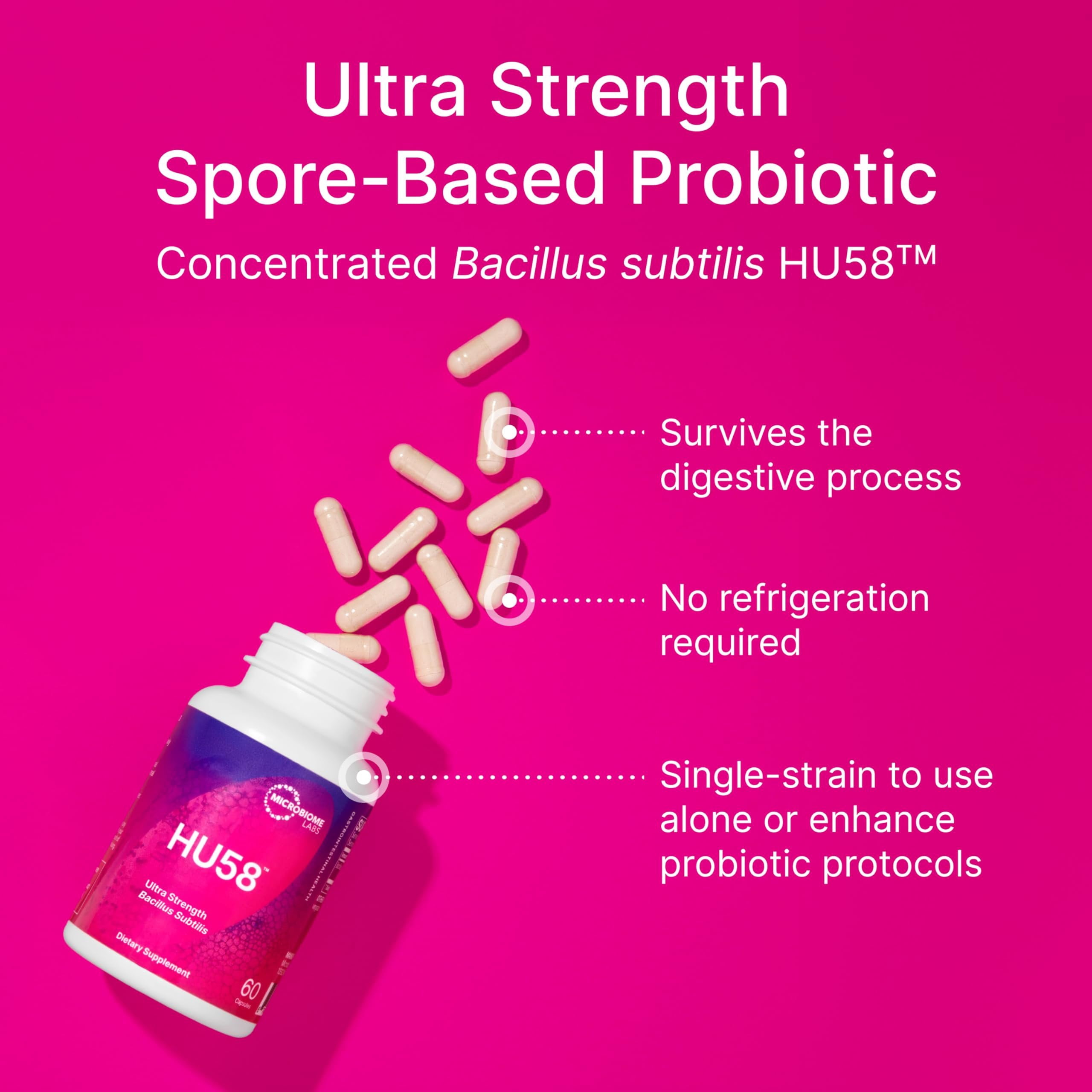 Microbiome Labs HU58 Bacillus Subtilis Probiotics for Women and Men - High Potency Spore Probiotic for Digestive Health & Immune Support - Daily Capsules with 10 Billion CFU 60 Capsules