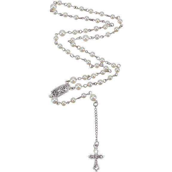Glass Pearl Beads Rosary Bead Necklaces Alloy Oval with Virgin Mary Crucifix Cross For Easter White 22.83 inch(58cm)