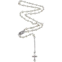 Glass Pearl Beads Rosary Bead Necklaces Alloy Oval with Virgin Mary Crucifix Cross For Easter White 22.83 inch(58cm)