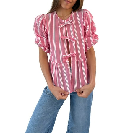 ZIYIXIN Y2k Peplum Shirt Puff Sleeve Tie Front Ruffle Hem Blouse Teen Girls Lace up Cute Babydoll Shirt Y2k Tops