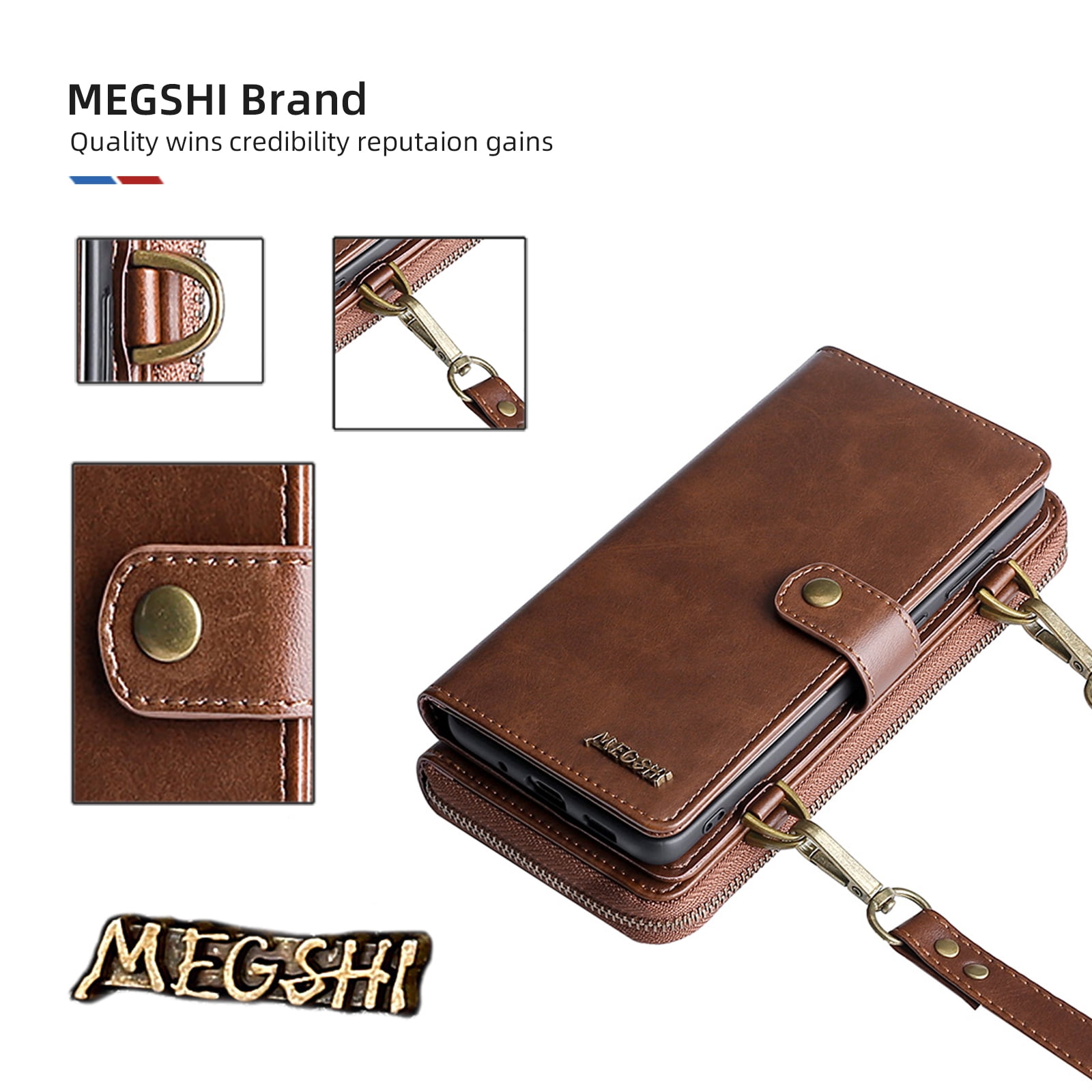 Galaxy S22 Wallet Case Premium Leather Flip Zipper Detachable Magnet Wallet Stand Card Holder Case with Crossbody Lanyard Strap Zipper Pocket Cover for Samsung Galaxy S22 6.1 inch 2022,Brown