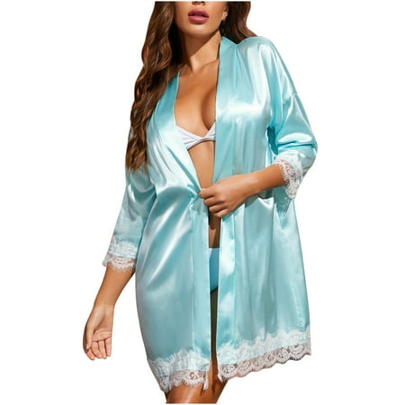 

KDDYLITQ Women Lingerie Robe Soft Nightgown Kimono Satin Nightdress Sleepwear Blue S