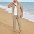 thumbnail image 2 of BLTIBY Mens Summer Set 2 Piece Beach Outfits Short Sleeve Button Down and Drawstring Pants Matching Vacation Sets with Pockets Khaki S, 2 of 6
