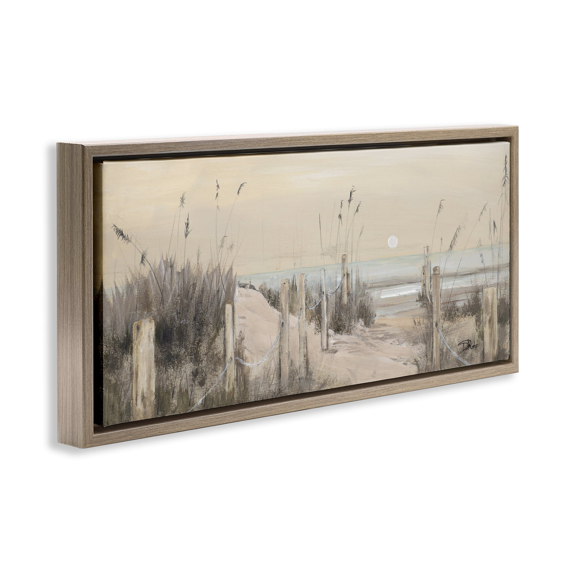 Stupell Industries White Moon Over Ocean Landscape Painting Brown Floater Framed Canvas Art Print Wall Art, 31 x 14