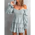 thumbnail image 2 of Vestido de una línea con hombros descubiertos, cuello en V, manga larga, cintura, vestido estampado plisado adelgazante para mujer, azul claro M, 2 of 6
