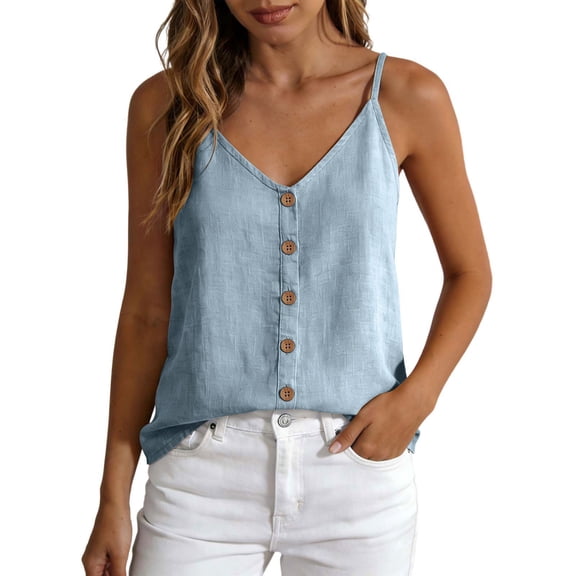 Fewfanhot Women's Linen Blend Button Front Cami Top, V-Neck Spaghetti Strap Casual Tank, Loose Fit Summer Camisole with Buttons, S-3XL