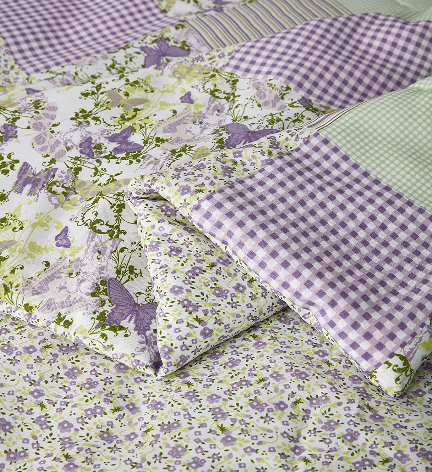 Chezmoi Collection Daisy 3-Piece Printed Patchwork Comforter Set, Purple Butterfly Botanical Candy Stripe Checkered Lightweight Reversible Microfiber Bedding, Twin Size