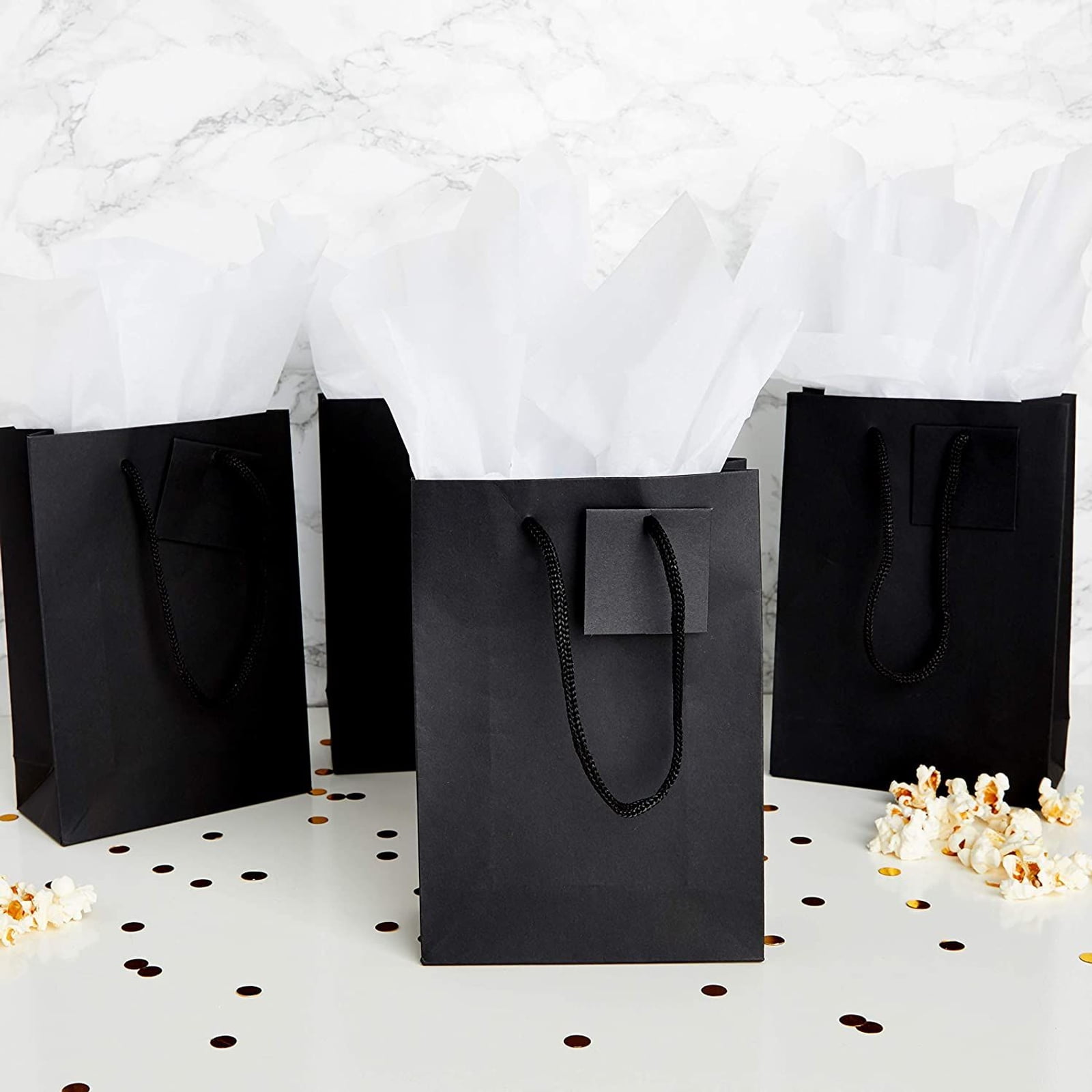 Black Paper Gift Bags Bulk Medium With Handles 8 x 10 Embossed Heavy Duty 