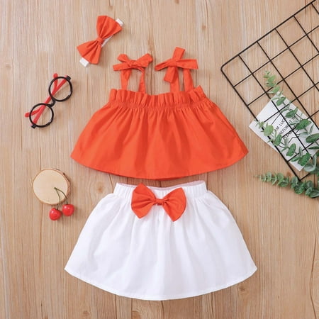 

QISIWOLE Summer Girls Sleeveless Suspender Top Half Skirt Bow Headband Three-piece Set Deals
