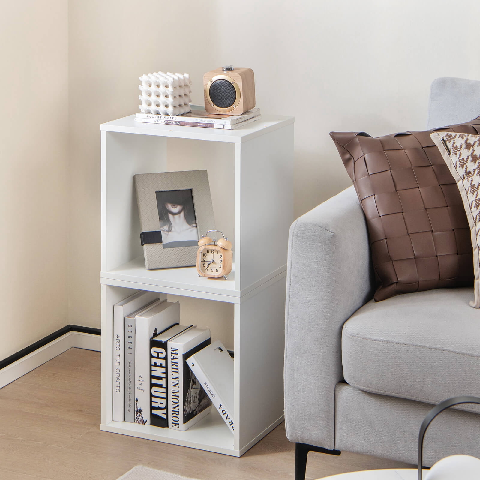 Amijoy Stackable Storage Cube Set of 2, Home 2 Pcs Cubby Organizer, Free-standing Storage Organizer Bookcase w/ Anti-toppling Device