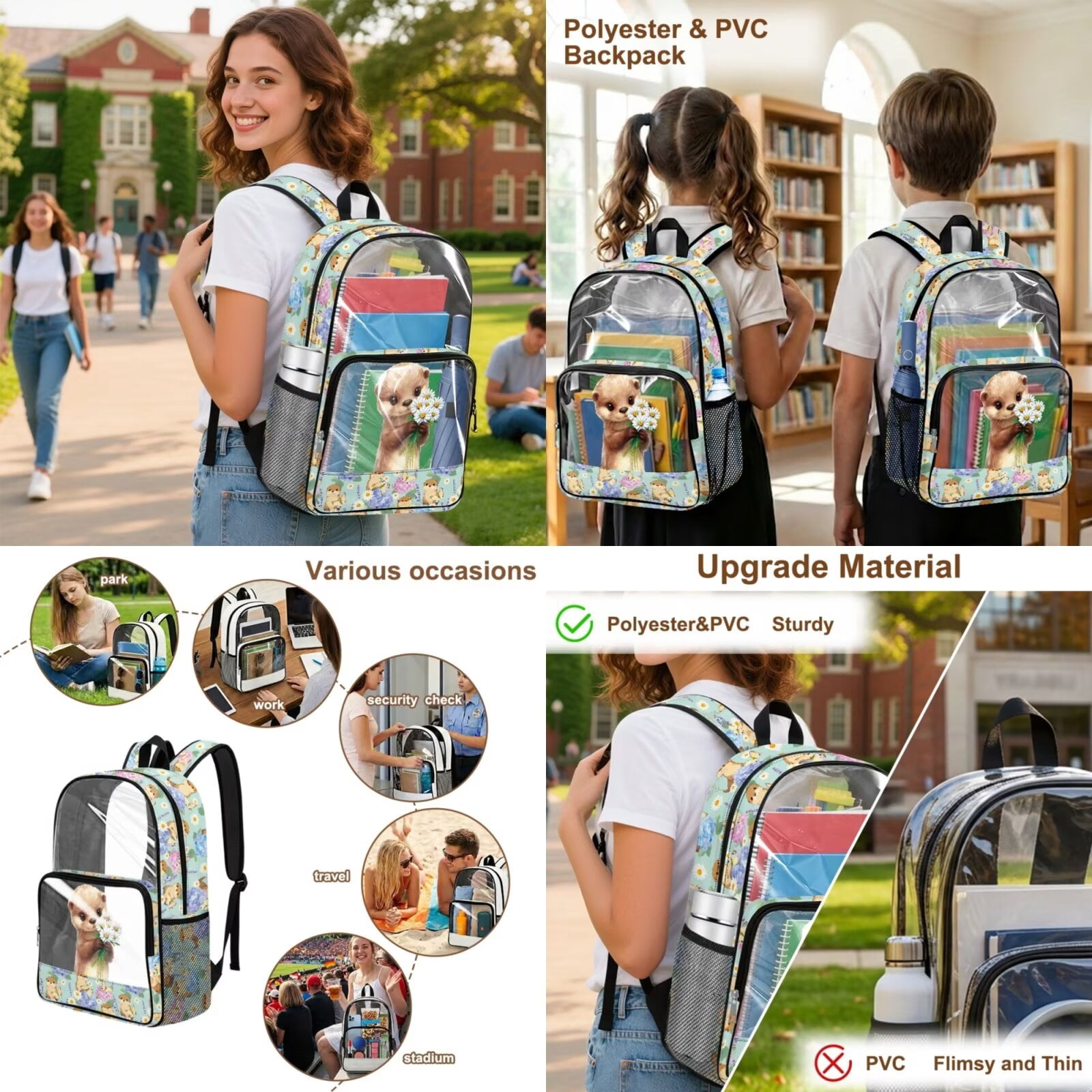 Xixirimido Capybara Daisy Hydrangea Print Clear Backpack 3Pcs Set for Boy Girls PVC See Through Transparent 17in Backpack with Clear Lunch Box & Pencil Case Kids School Stadium Bag Set