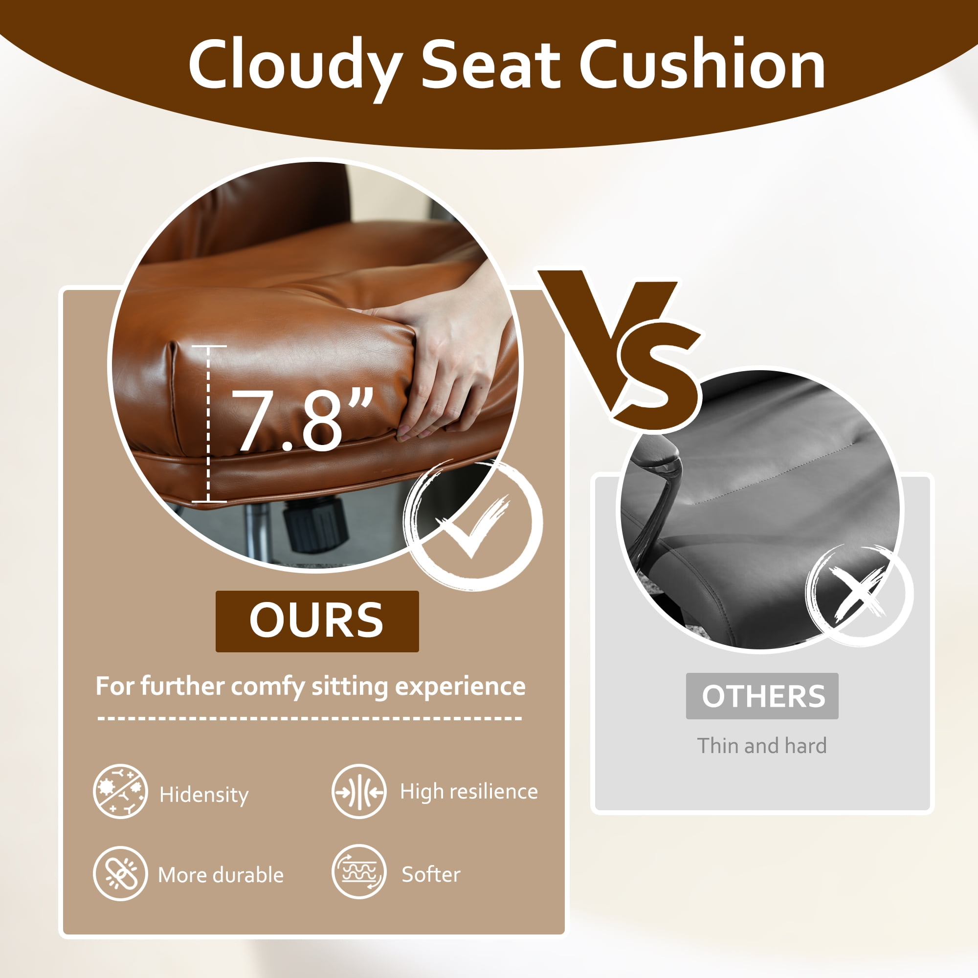 Vcatnet Ergonomic Executive Office Chair, High Back Computer Chair with Lumbar Support, PU Leather Mid-Century Modern Adjustable Home Office Desk Chair, Brown