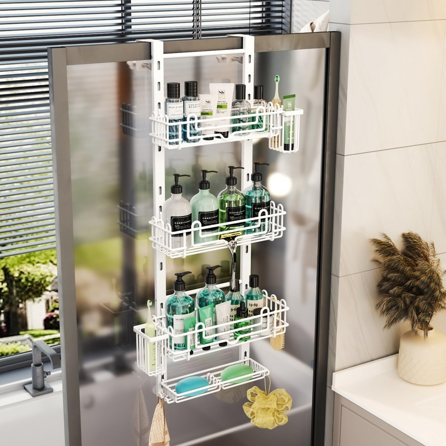 4 Tier Over the Door Shower Caddy, Hanging Shower Caddy with 22 Hooks and 2 Toothbrush Holders, No Drilling Adjustable Hanging Bathroom Organizer - White
