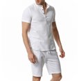 thumbnail image 2 of YYDGH 2 Piece Sets for Men Hippie Beach Tops and Pants Cotton Linen T Shirt Stand Collar Henley Shirts Funky V Neck Shirt and Shorts, 2 of 5