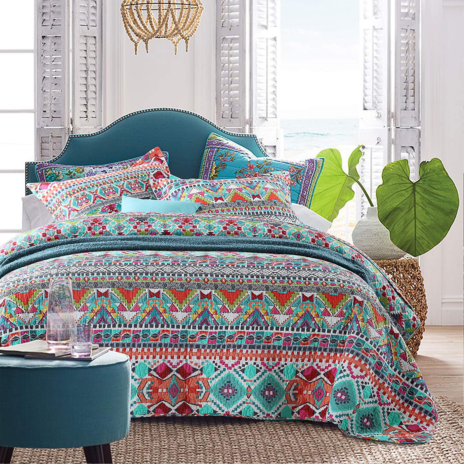 WannaToo King Size Quilt Comforter Cotton Bedding Set With Shams, Blue and Red