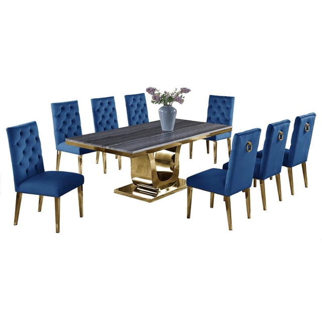 Gray Marble Dining Set with Gold Stainless Steel and Navy Blue Velvet Chairs