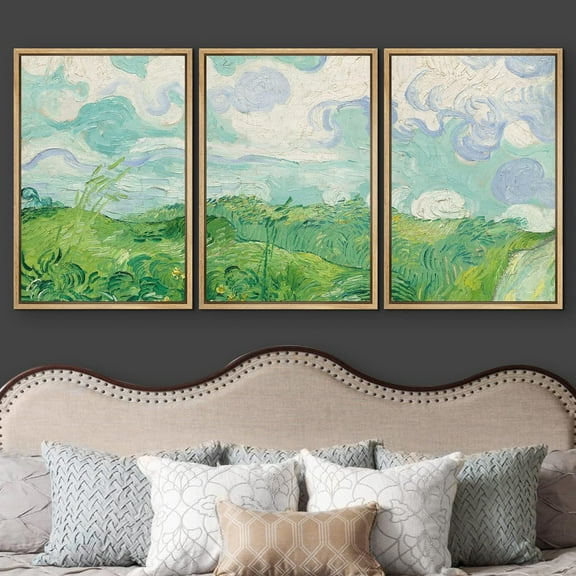 IDEA4WALL Framed Wall Art Canvas Print Set Green Wheat Fields Vincent Van Gogh Classical Nature Wilderness Fine Art Multicolor Artwork for Living Room, Bedroom, Office - 24"x36"x3 Natural