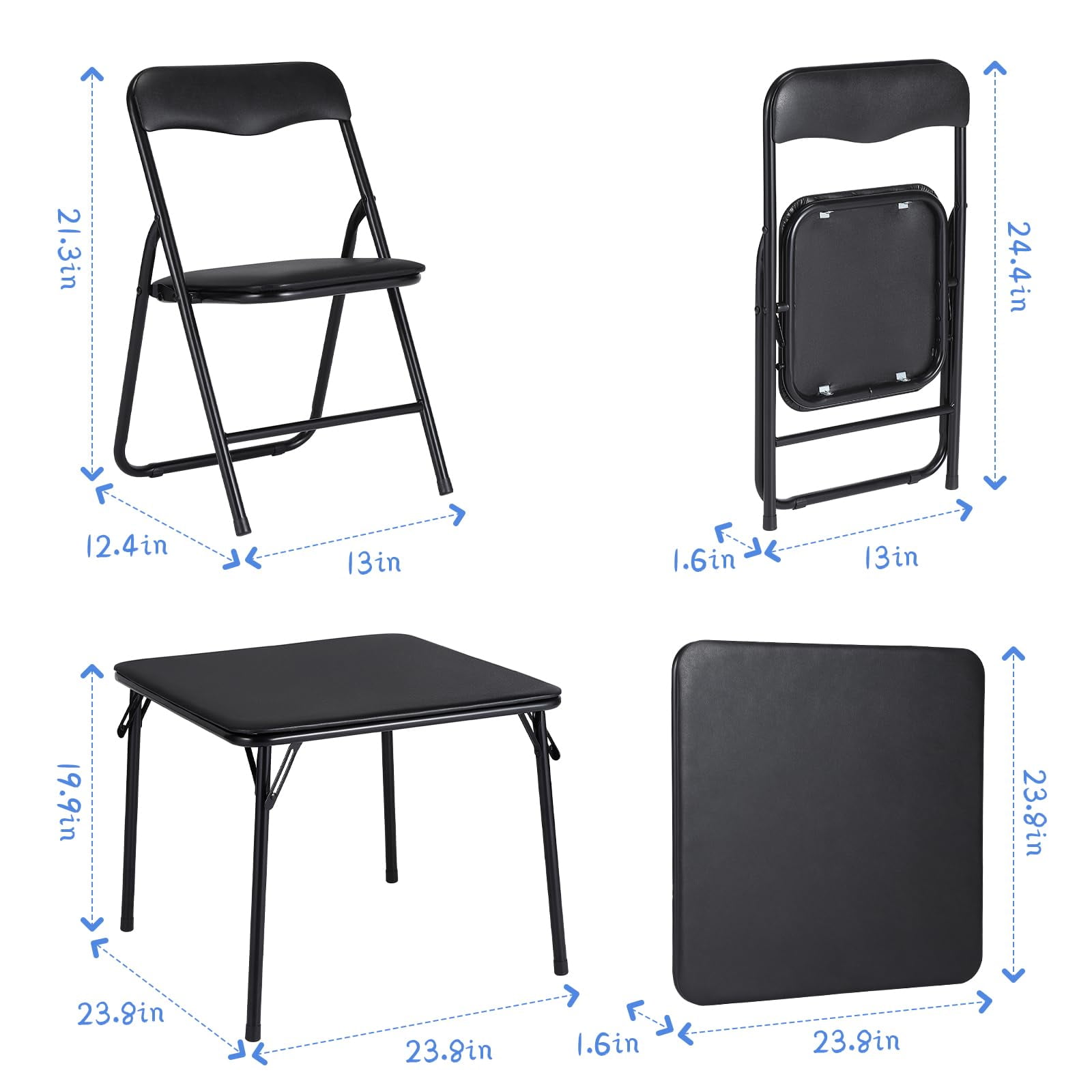 Folding Card Table and Chair Set of 5, Upholstered Foldable Table and Chair Set, Portable Metal Frame Children's Activity Table and Chairs Set for Eating, Reading, Playing, Black