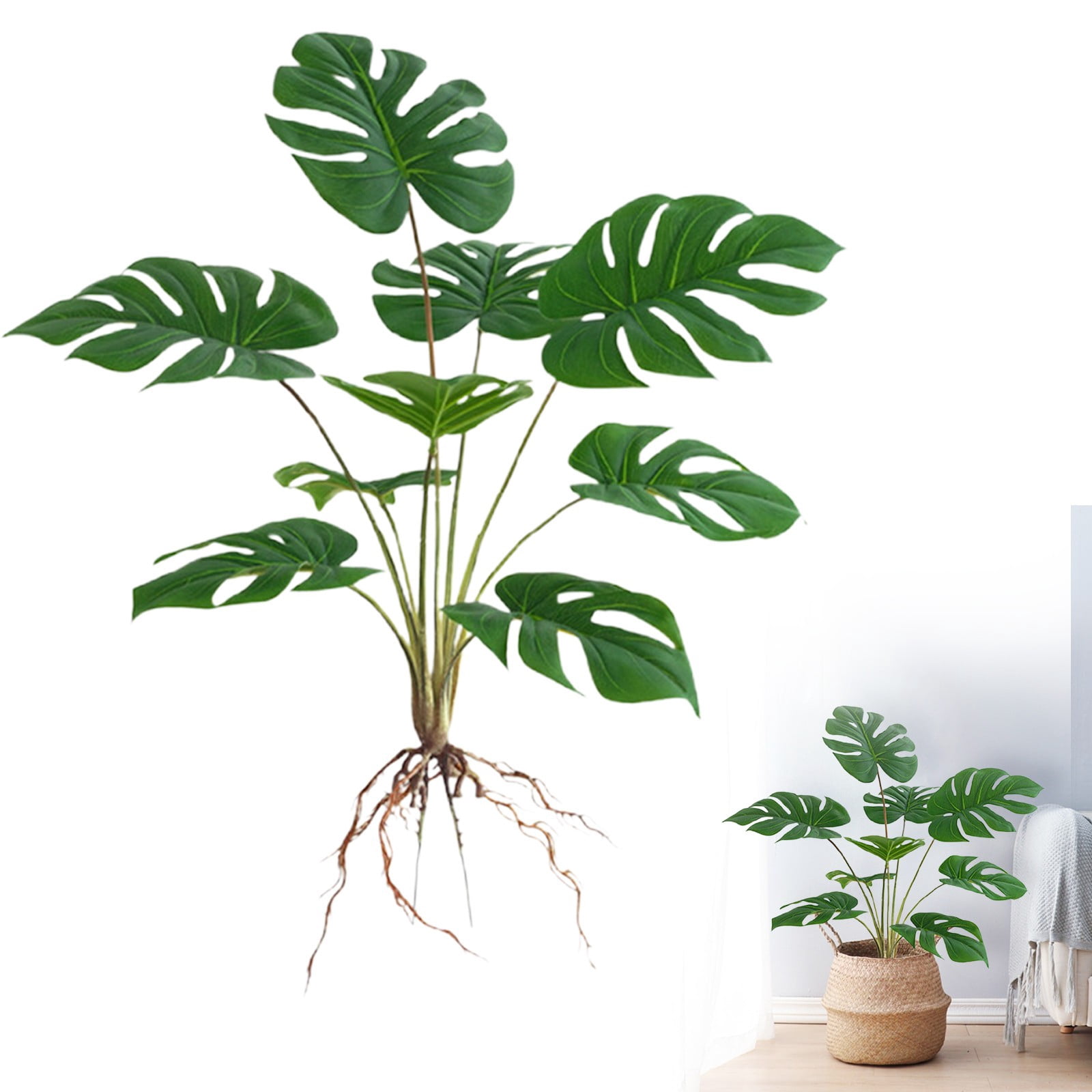 Artificial Monstera Plant with Tree Trunk, 9-Head Realistic Faux Plant, No Maintenance Fake Green Plants for Home Office Indoor Decor, Easy Assembly