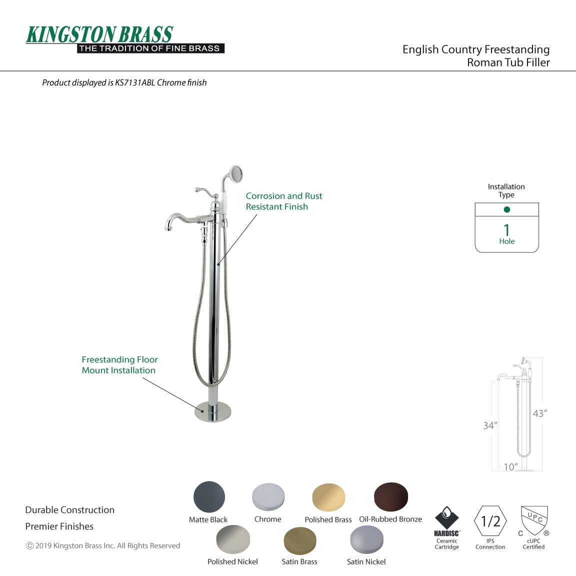Kingston Brass Freestanding Tub Faucet, Brushed Nickel, Freestanding KS7138ABL