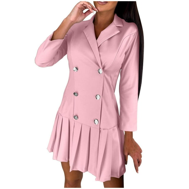 cfhntfmh Robes Mini pour Femmes Formelles à Manches Longues à Col à Revers Boutonnées Robe Chemise Tendance Ample Plissée Robe de Travail