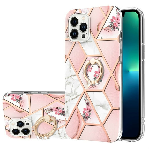 SaniMore for Apple iPhone 14 Pro Case 6.1-inch, Shockproof TPU Fashion Marble Pattern Cover for iPhone 14 Pro Women Men with Ring Kickstand Holder Clear Bumper Protection Cover, Pink