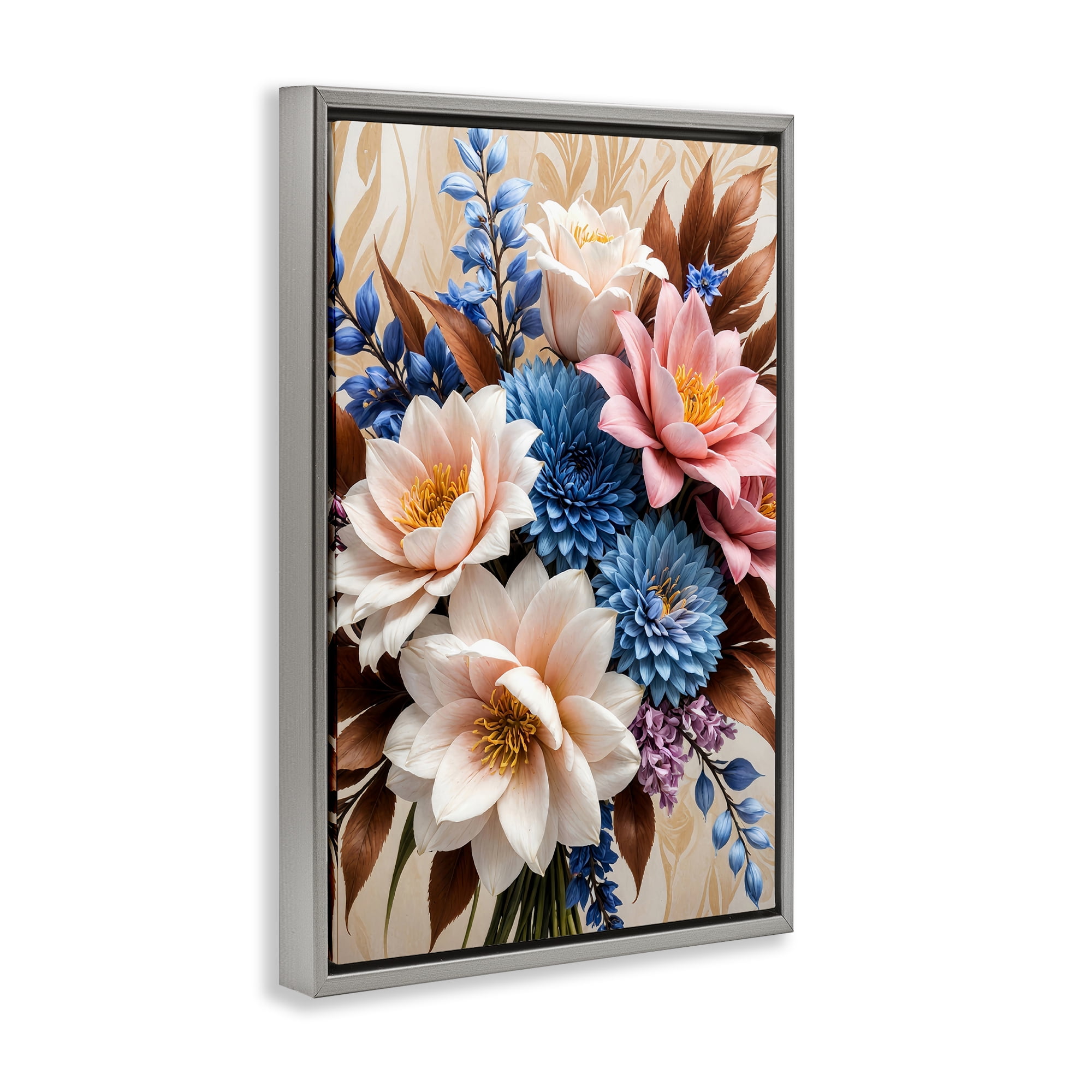 Stupell Industries Pink & Blue Mixed Bouquet Plants & Flowers Painting Gray Floater Framed Canvas Art Print Wall Art, 21 x 31