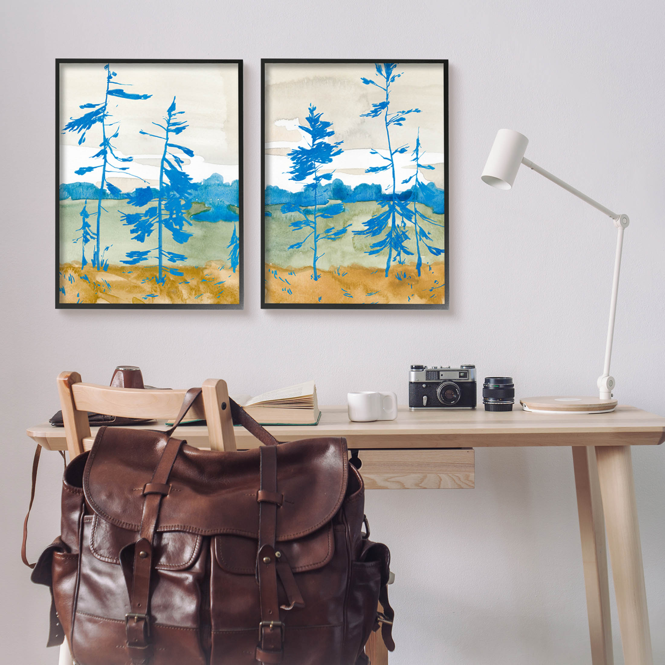 Stupell Industries Modern Blue Tree Scenery Painting Black Framed Art Print Wall Art, Set of 2, Design by Jacob Green