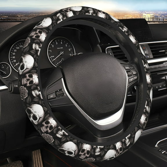 [Skull Steering Cover] 15 Inch Polyester Skull and Rose Elastico Car Steering Wheel Cover - Universal Fit, No Inner Ring
