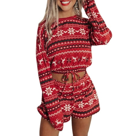 

JustVH Women s Christmas Print 2-Piece Loungewear Pajamas Set Casual Tops Shorts Sleepwear