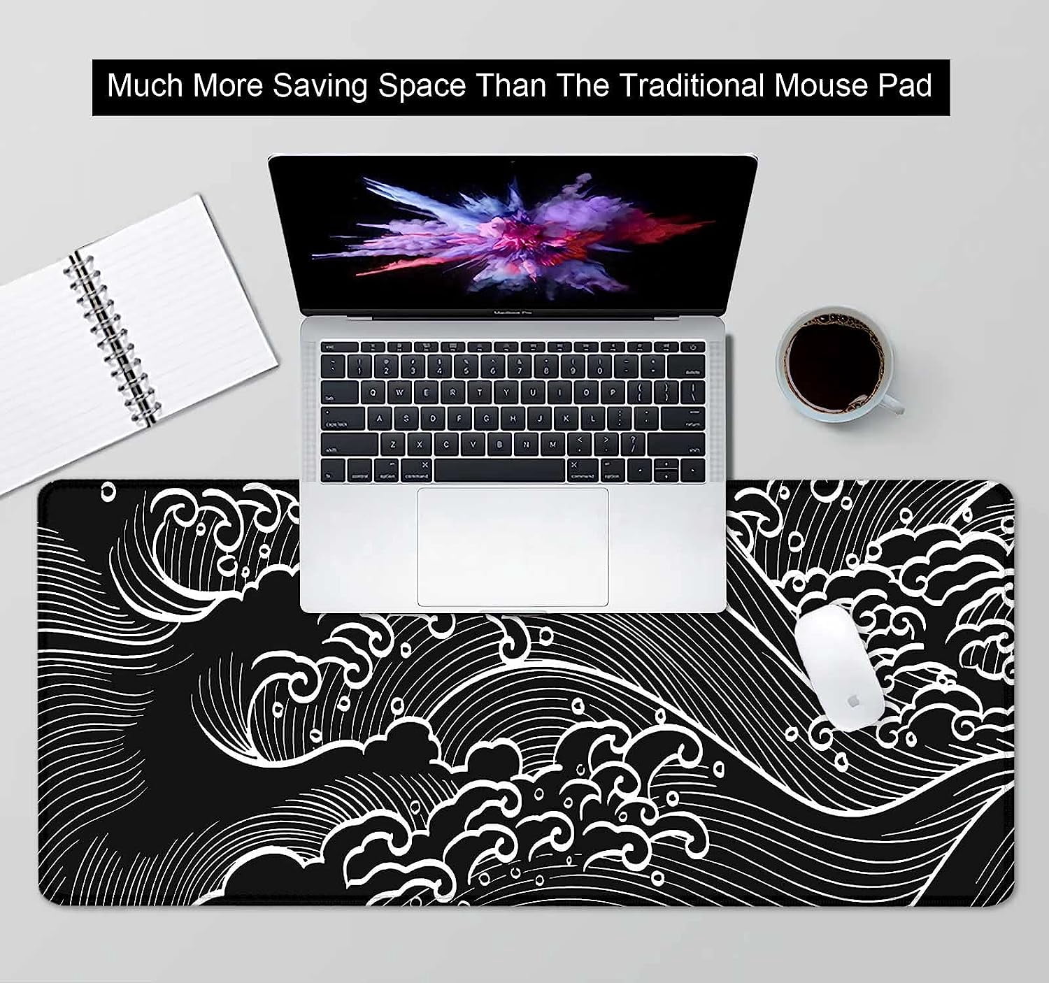 Black and White Japanese Great Wave Gaming Mouse Pad, XL XXL Large Mousepad, Big Extended Mouse Pad, Non-Slip Rubber Base Office Line Art Desk Pad for Men Women- 35.4 x 15.7 in, Abstract Ocean