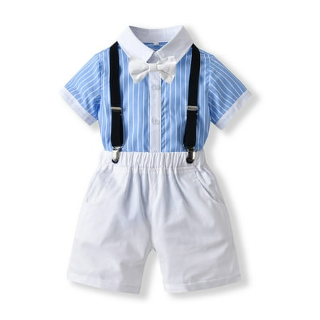 

Rovga Boys Gentleman Outfit Suits Boys Short Pants Set Short Sleeve Romper Shirt+Suspender Pants+Bow Tie 4pcs Leisure Baby Dailywear