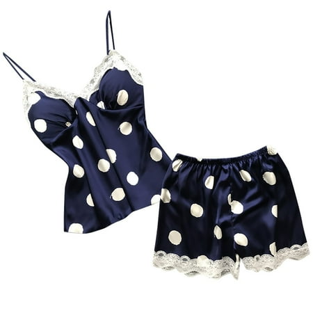 

Tangnade Ladies casual underwear bra Silk Pajamas Satin Underwear Lace Camisole Shorts Set Lingerie Women S-XL Blue XXL