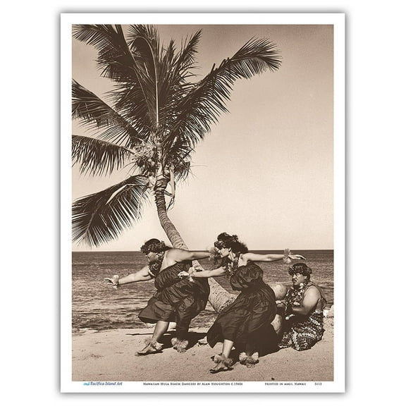 Hawaiian Hula Beach Dancers - Vintage Sepia Toned Photograph by Alan Houghton c.1960s - Master Art Print (Unframed) 9in x 12in