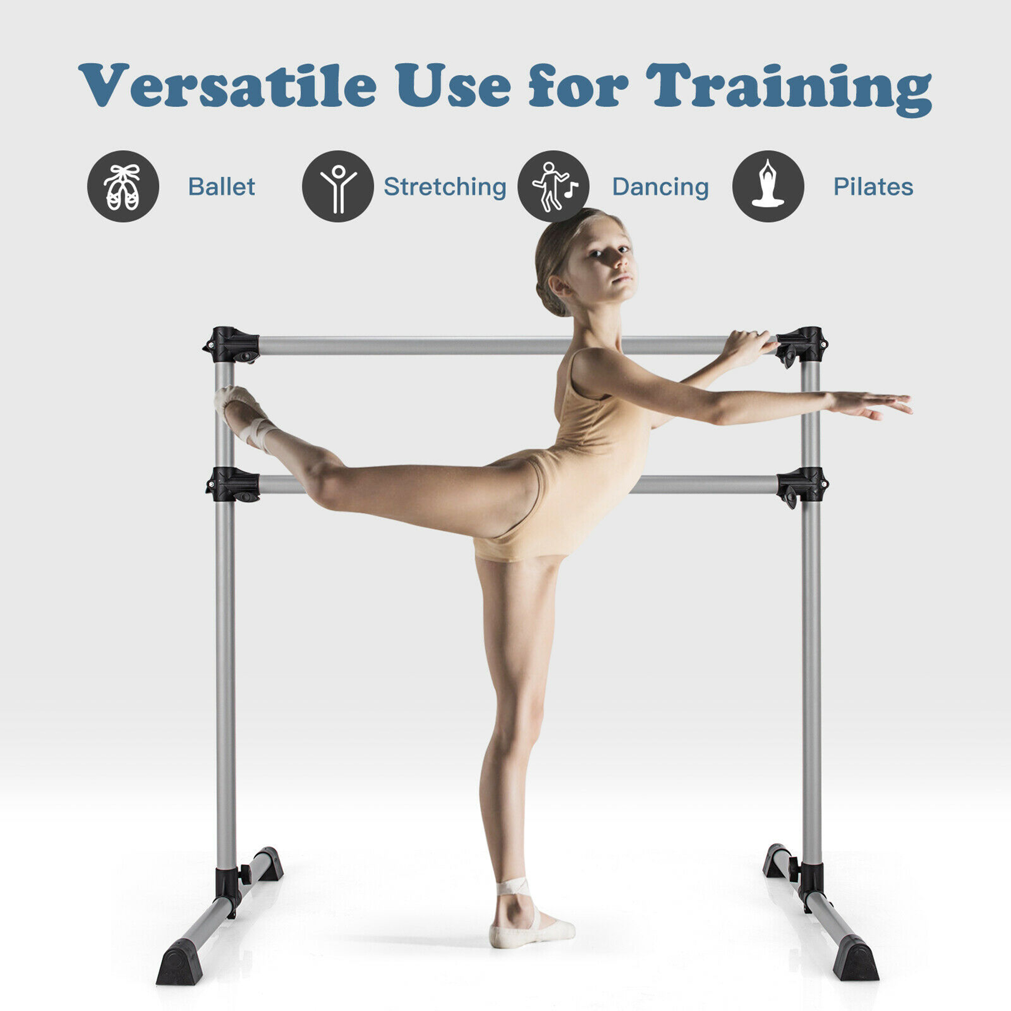 Gymax Portable 4FT Double Freestanding Ballet Barre Dancing Stretching Silver