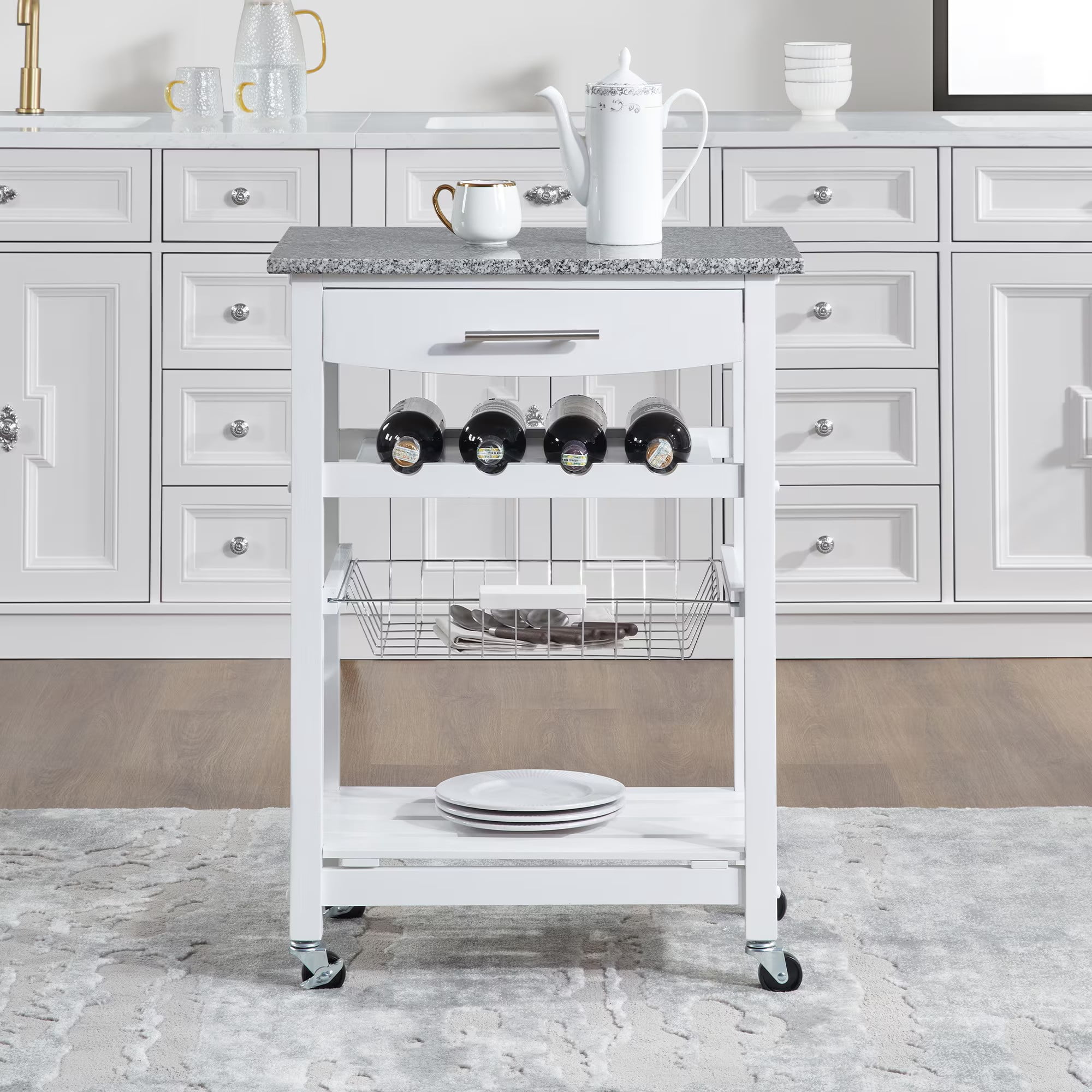 Avobird Kitchen Island Cart, Mobile Kitchen Cart with 22inch Marble Countertop/Underneath Drawer/Slide-Out Wire Storage Basket, White