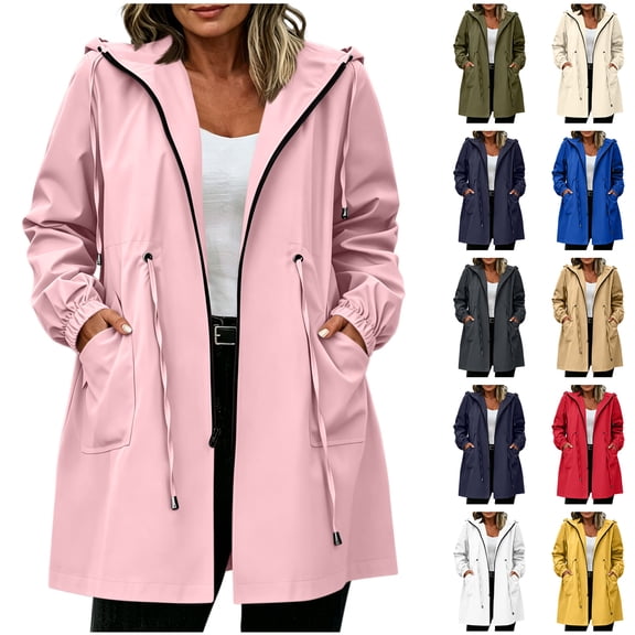 Otntypg Women's Rain Jacket Plus Size Long Raincoat Lightweight Full Zip up Long Sleeve Drawstring Hooded Windbreaker Waterproof Jackets with Pockets